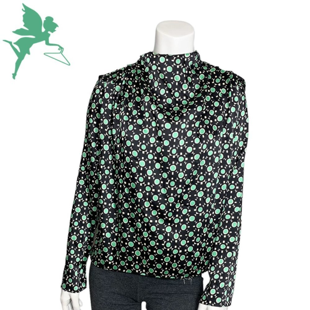 ZARA Black and Green Geo Print Mock Cowl Neck Top